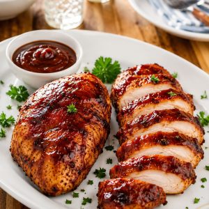 Sliced air fryer BBQ chicken breast on a serving platter showing juicy interior, perfect for parties and gathering
