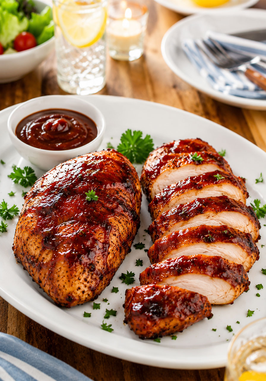 Sliced air fryer BBQ chicken breast on a serving platter showing juicy interior, perfect for parties and gathering