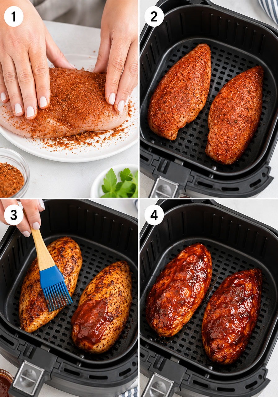 Step-by-step collage showing how to season, air fry, and sauce BBQ chicken breasts