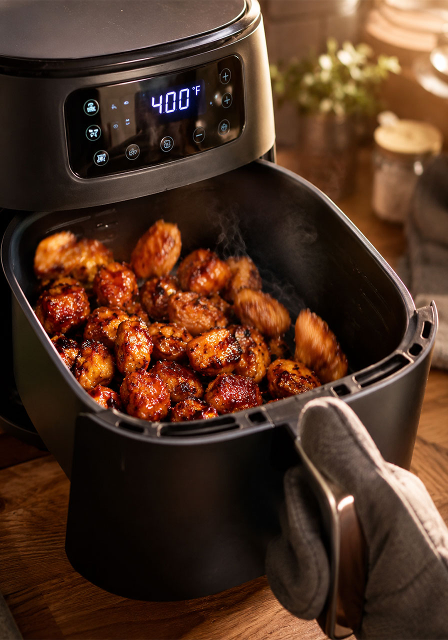 Chicken bites cooking in air fryer basket shown mid-shake