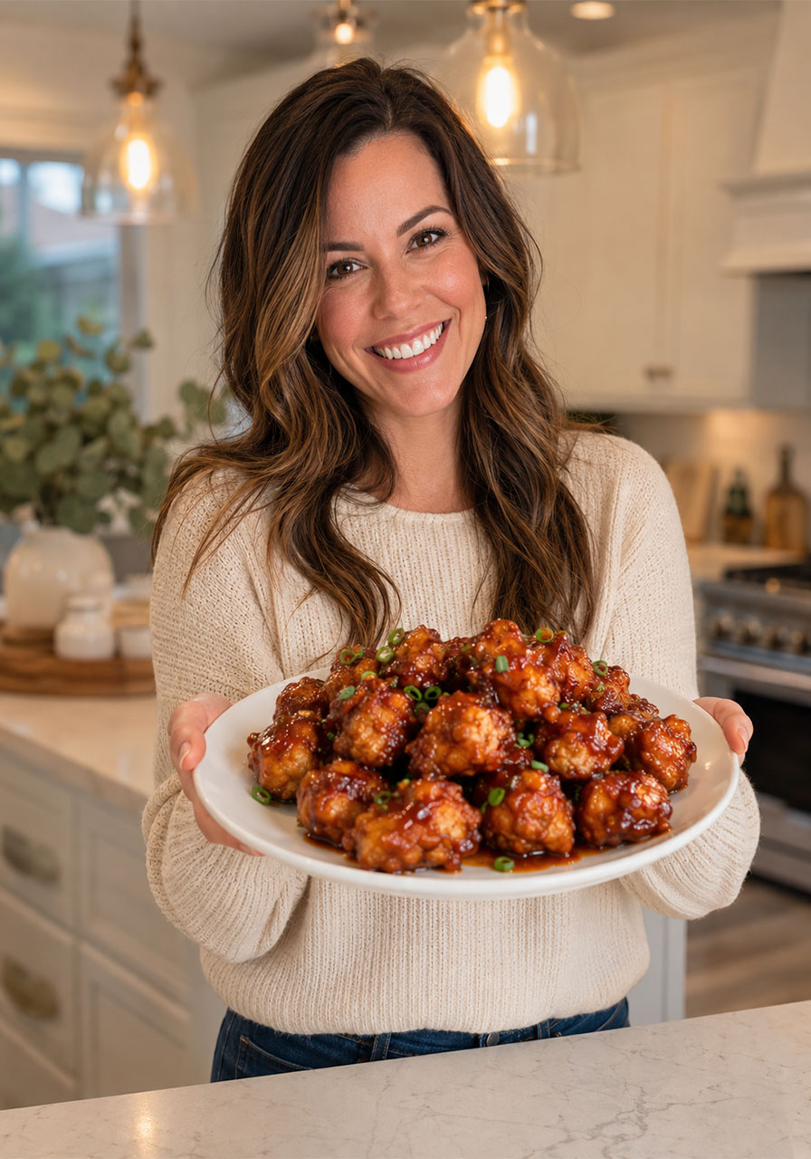 Woman hosting a party serving air fryer honey BBQ chicken bites on a platter
