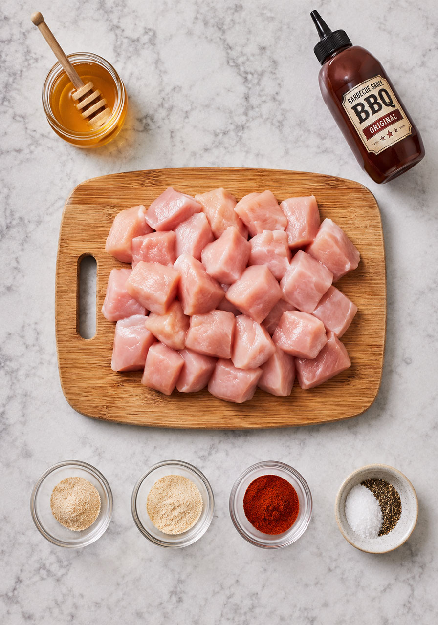 Ingredients for air fryer honey BBQ chicken bites including chicken, honey, and BBQ sauce
