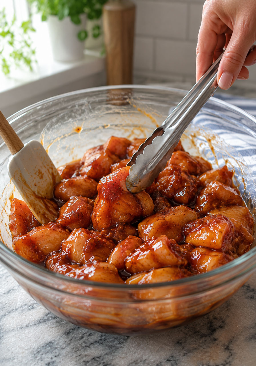 Chicken bites coated in honey BBQ marinade in a glass mixing bowl