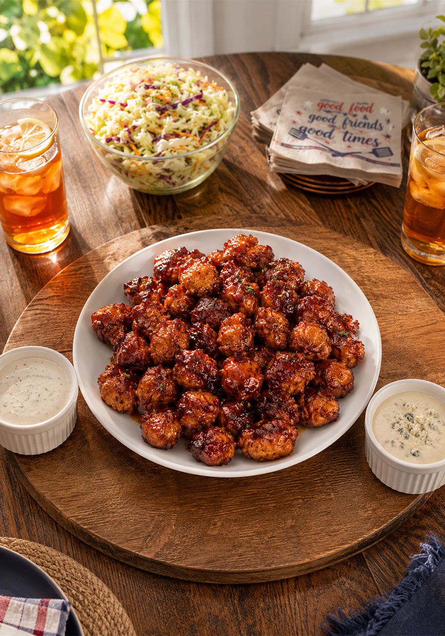 Air fryer honey BBQ chicken bites served at a party with ranch and blue cheese dip