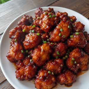 Plate of crispy air fryer honey BBQ chicken bites coated in sticky glaze