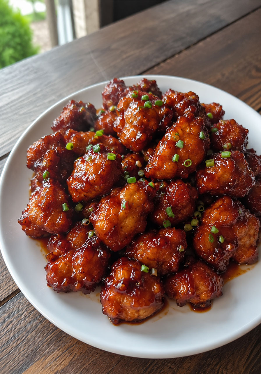 Plate of crispy air fryer honey BBQ chicken bites coated in sticky glaze