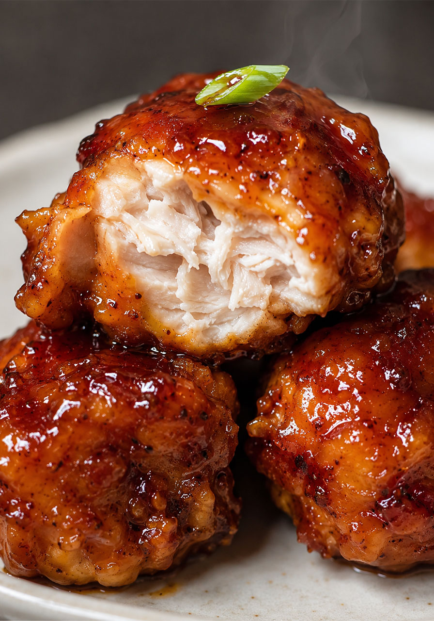 Close-up of juicy air fryer honey BBQ chicken bite showing crispy glazed texture