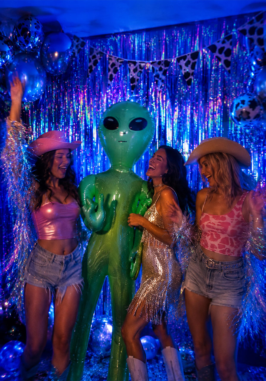 Alien out of this world 18th birthday party theme with inflatable alien prop iridescent curtains and blue LED lighting