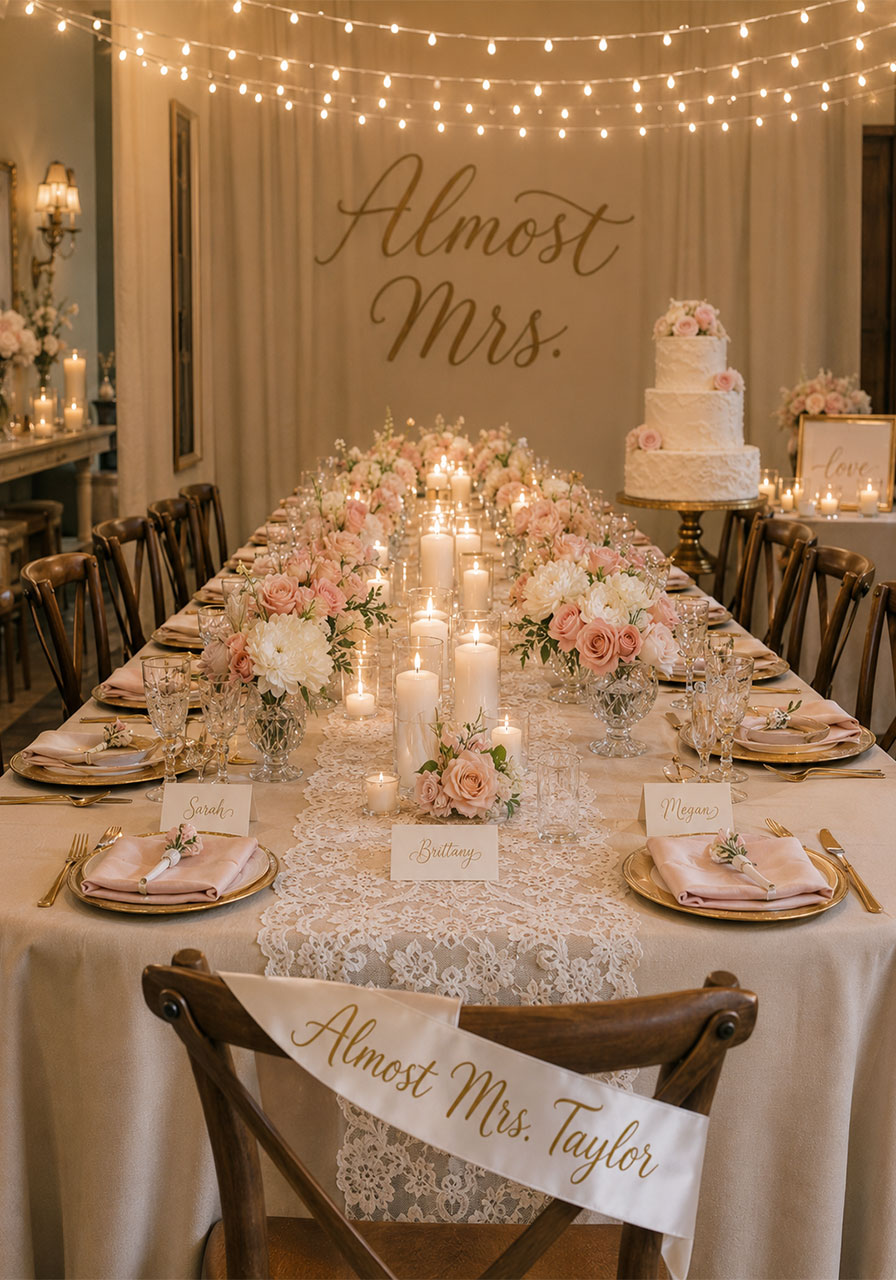 Almost Mrs. bachelorette party decorations with lace table runner, white roses, and calligraphy place cards