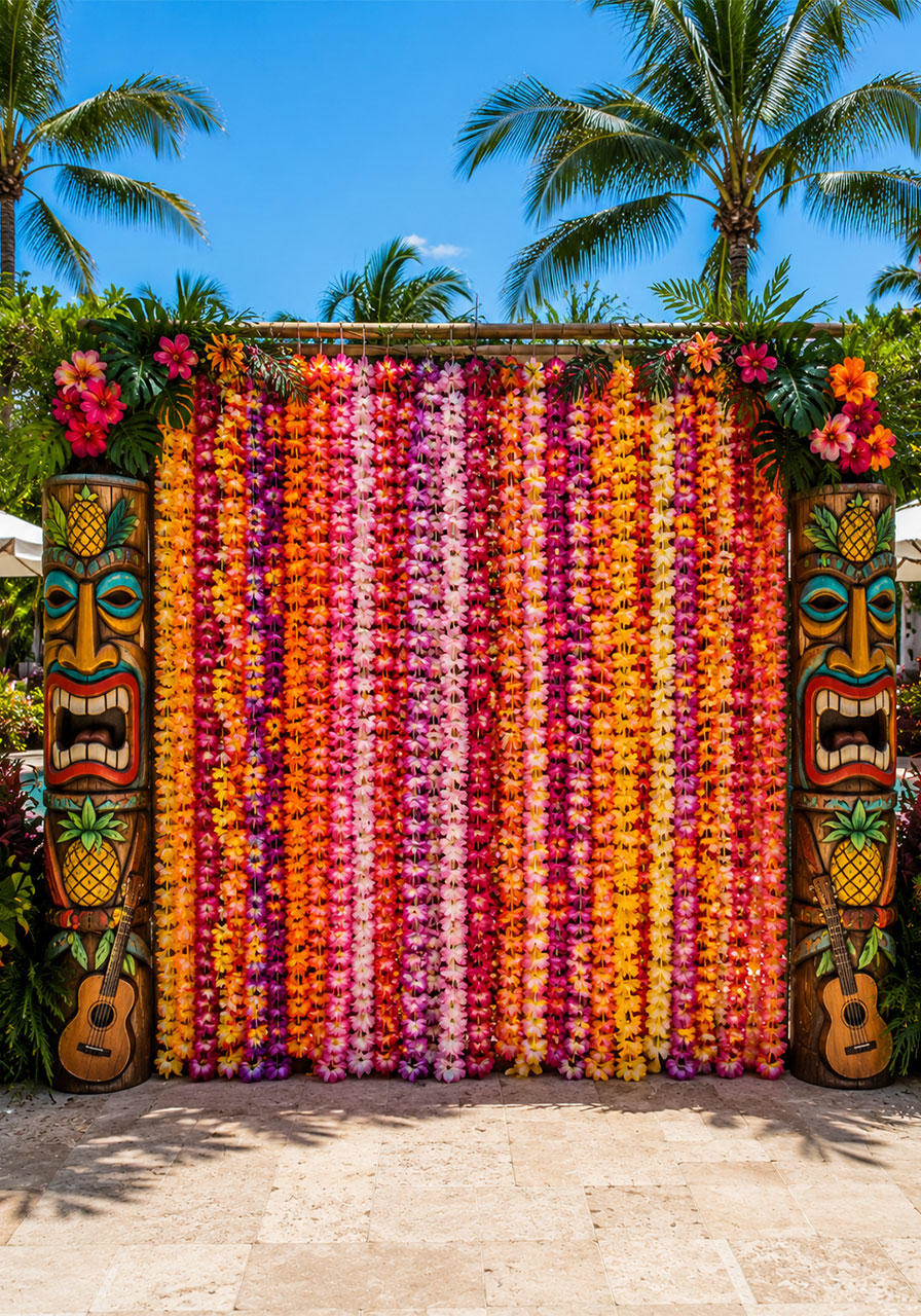 Colorful Hawaiian lei curtain wall with tiki posts creating a luau graduation pool party entrance backdrop
