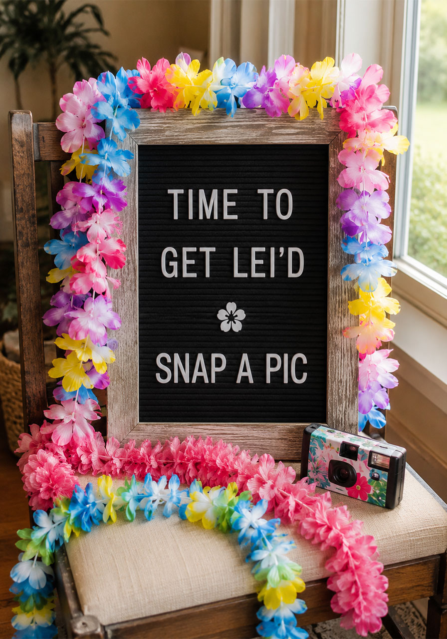 Black letter board welcome sign reading Time to Get Leid surrounded by colorful Hawaiian leis for a graduation pool party entrance