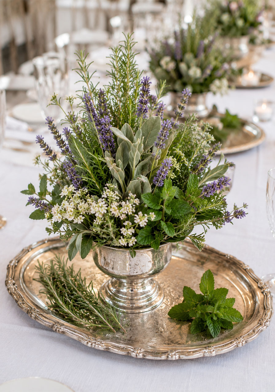 Antique silver tray holding a mixed fresh herb bouquet of rosemary, lavender and mint as an elegant bridal shower table centerpiece