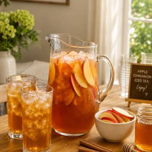 Apple cinnamon iced tea party drink station with glass pitcher, ice-filled glasses, and fresh apple garnish on wooden table