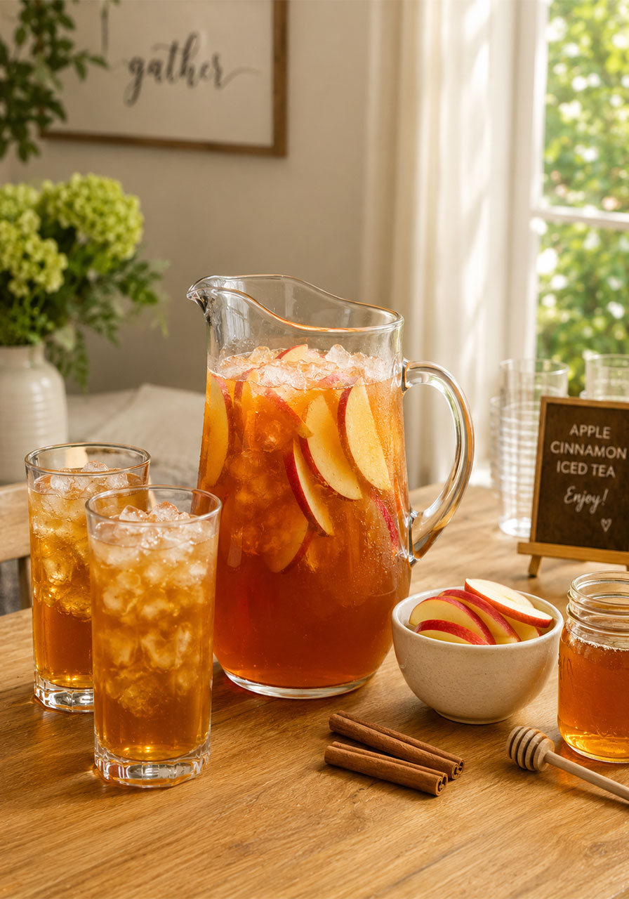 Apple cinnamon iced tea party drink station with glass pitcher, ice-filled glasses, and fresh apple garnish on wooden table