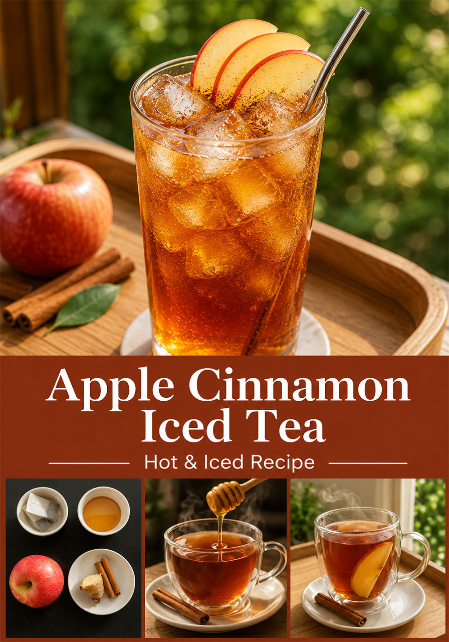 Easy apple cinnamon iced tea recipe pin showing iced and hot versions with step-by-step photos