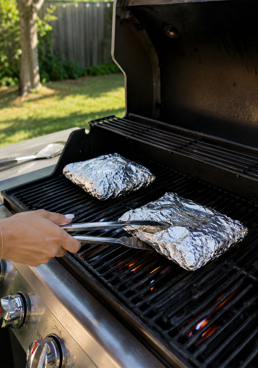 Campfire apple pie foil packets cooking on a gas grill with the lid open and low flames visible underneath