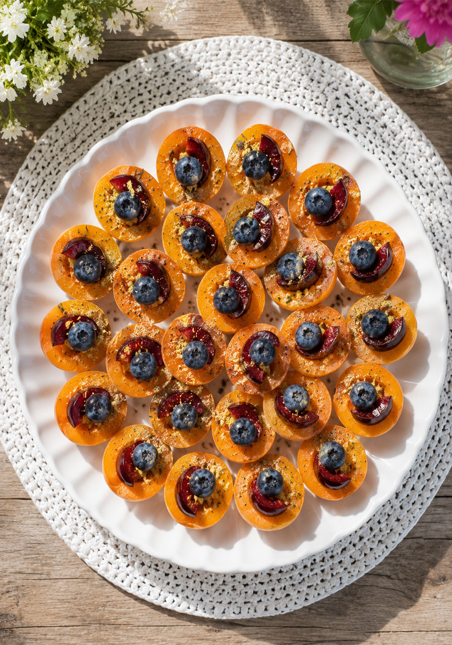 Apricot, cherry, and blueberry fruit platter arranged for a tea party dessert table