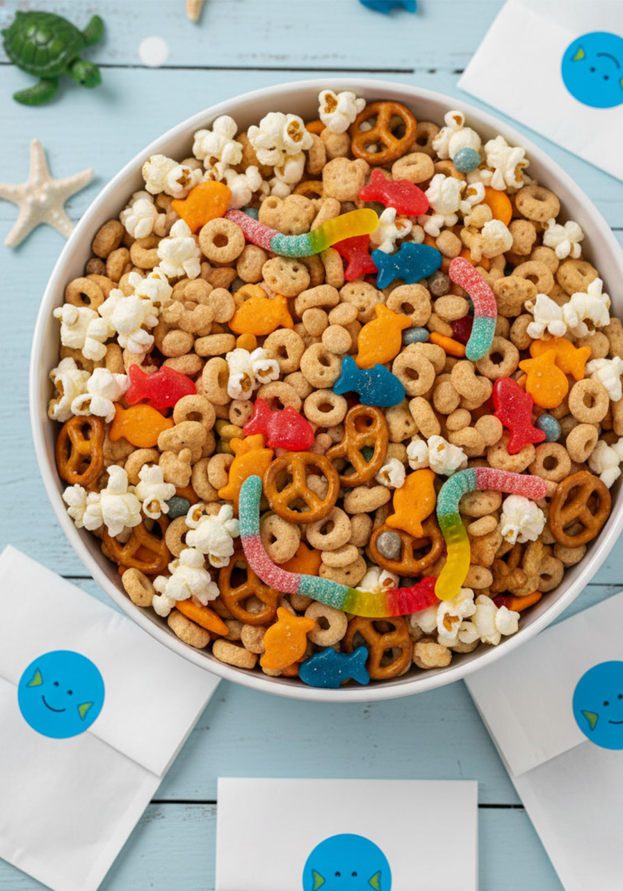 Colorful aquarium trail mix with Goldfish crackers, gummy worms, and Swedish fish in a white bowl — fun ocean-themed pool party snack for kids
