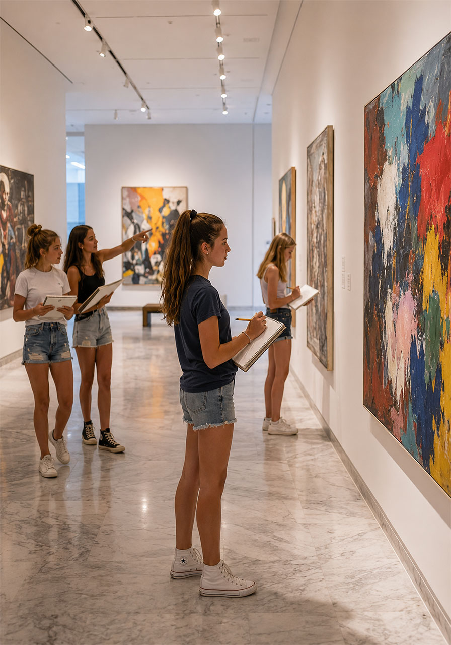 Teen girls sketching artwork in museum gallery on birthday outing with sketchbooks and pencils