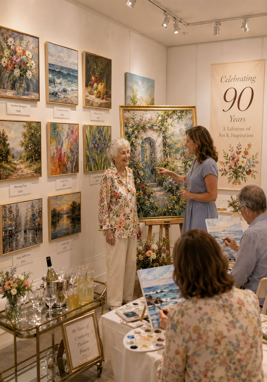 Art showcase 90th birthday party with gallery wall of honoree's paintings and guest painting activity