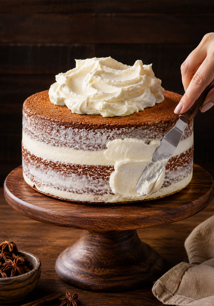 Assembling brown sugar chai cake with cream cheese frosting using offset spatula showing naked cake sides