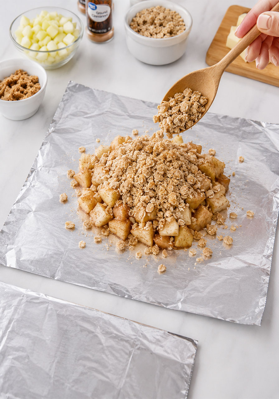 Apple and oat crumble topping being spooned onto non-stick foil to assemble campfire apple pie packets