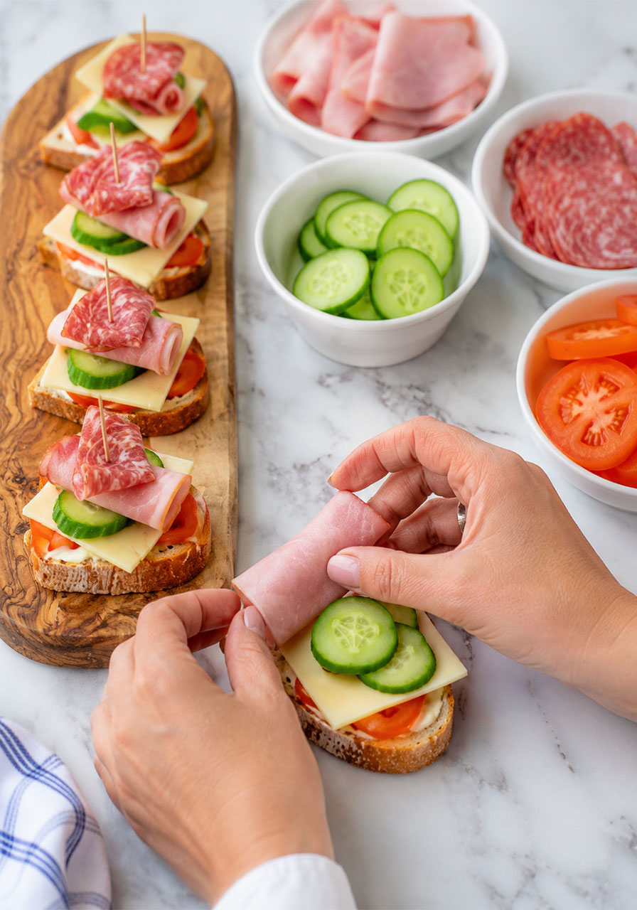 Step-by-step assembly of easy tea club sandwiches with ham, salami, and cheese on toasted baguette