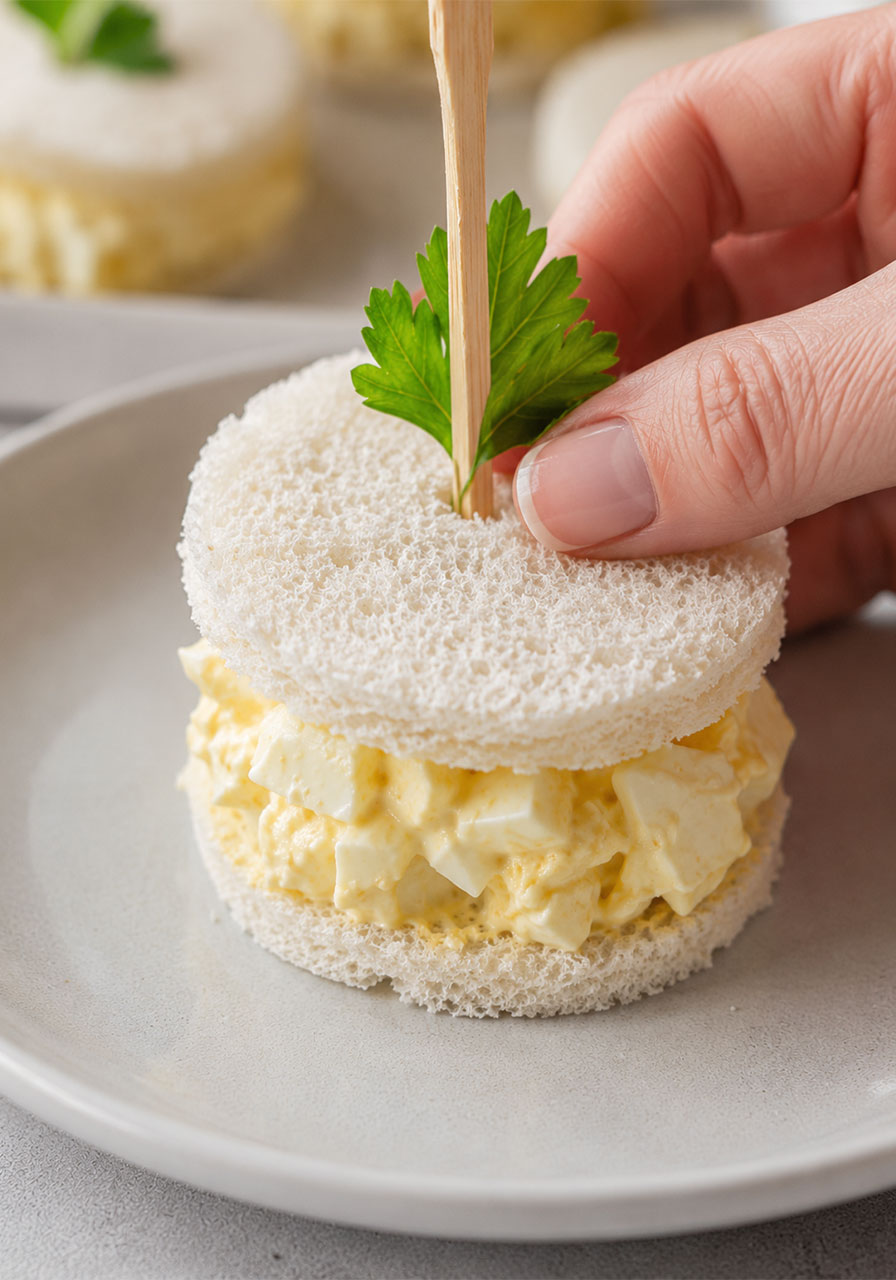 Assembling a round crustless egg salad tea sandwich with a parsley garnish and cocktail skewer on a white plate