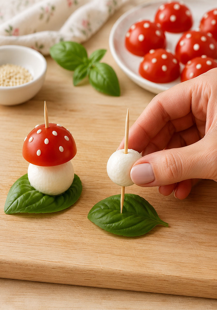 Assembling fairy toadstool caprese bites step by step — skewering fresh mozzarella and topping with cherry tomato cap