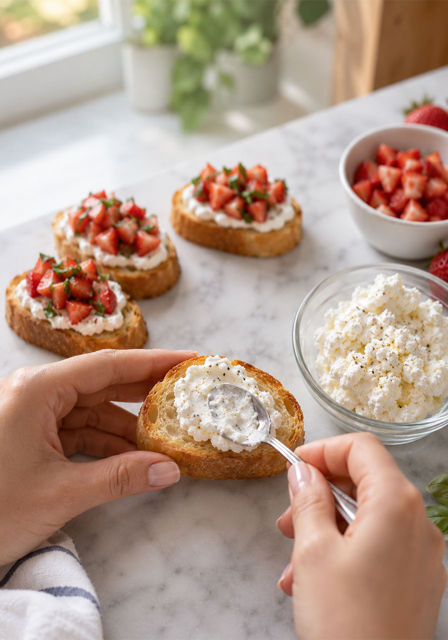 Hands spreading creamy ricotta onto toasted baguette while assembling strawberry ricotta bruschetta