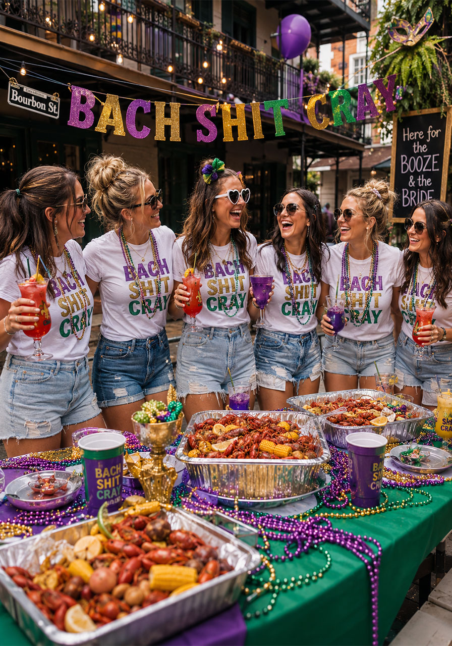 Bach Shit Cray New Orleans-inspired bachelorette party decorations with Mardi Gras beads and crawfish boil spread