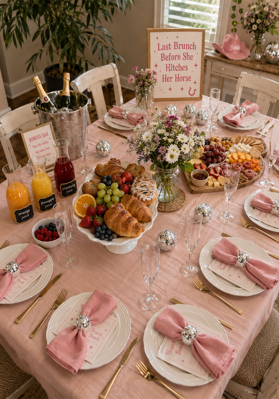 Styled bachelorette brunch table with mimosa bar and rodeo theme for disco cowgirl party
