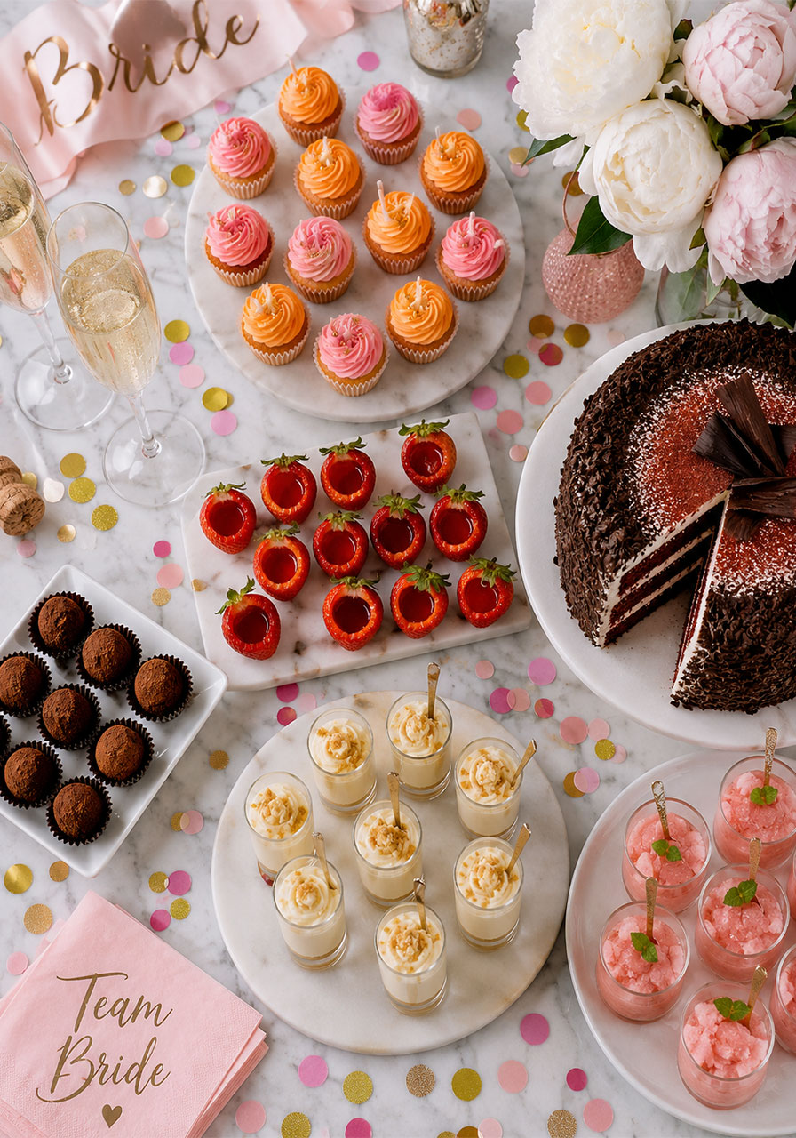 Overhead view of a full bachelorette party dessert table with boozy mini cupcakes, Jell-O shots, chocolate truffles, and champagne sorbet on white marble