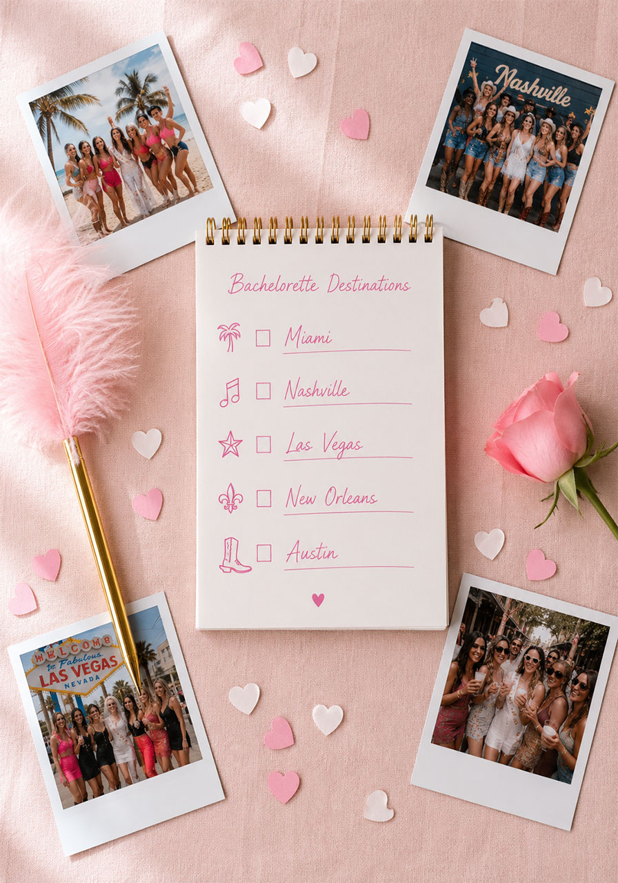 Bachelorette party destination planning checklist notepad with icons for top US cities including Nashville Las Vegas and Miami