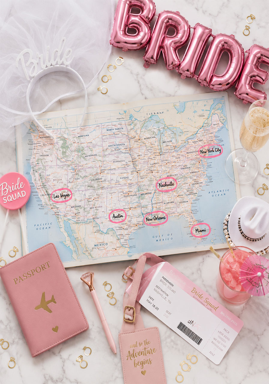 Flat lay bachelorette party planning essentials with US map showing top destinations including Las Vegas Miami and Nashville