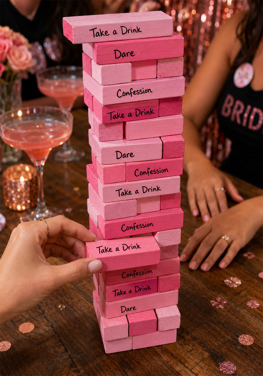Pink bachelorette Jenga tower with dare prompts written on blocks at a girls' night party