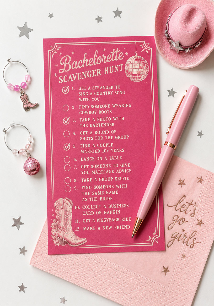 Printable bachelorette party scavenger hunt card for last disco rodeo bar crawl