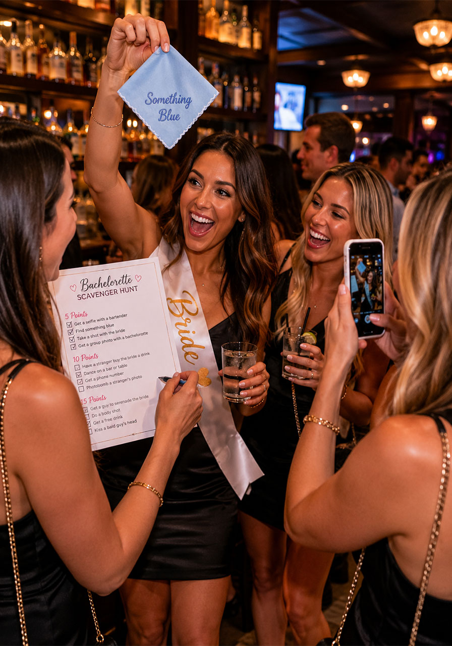 Women completing bachelorette scavenger hunt challenges at a bar holding printed checklist and showing photo evidence