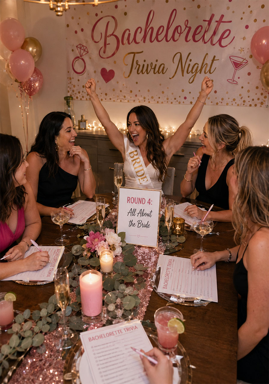 Women playing bachelorette trivia night game around a table at a girls' night party