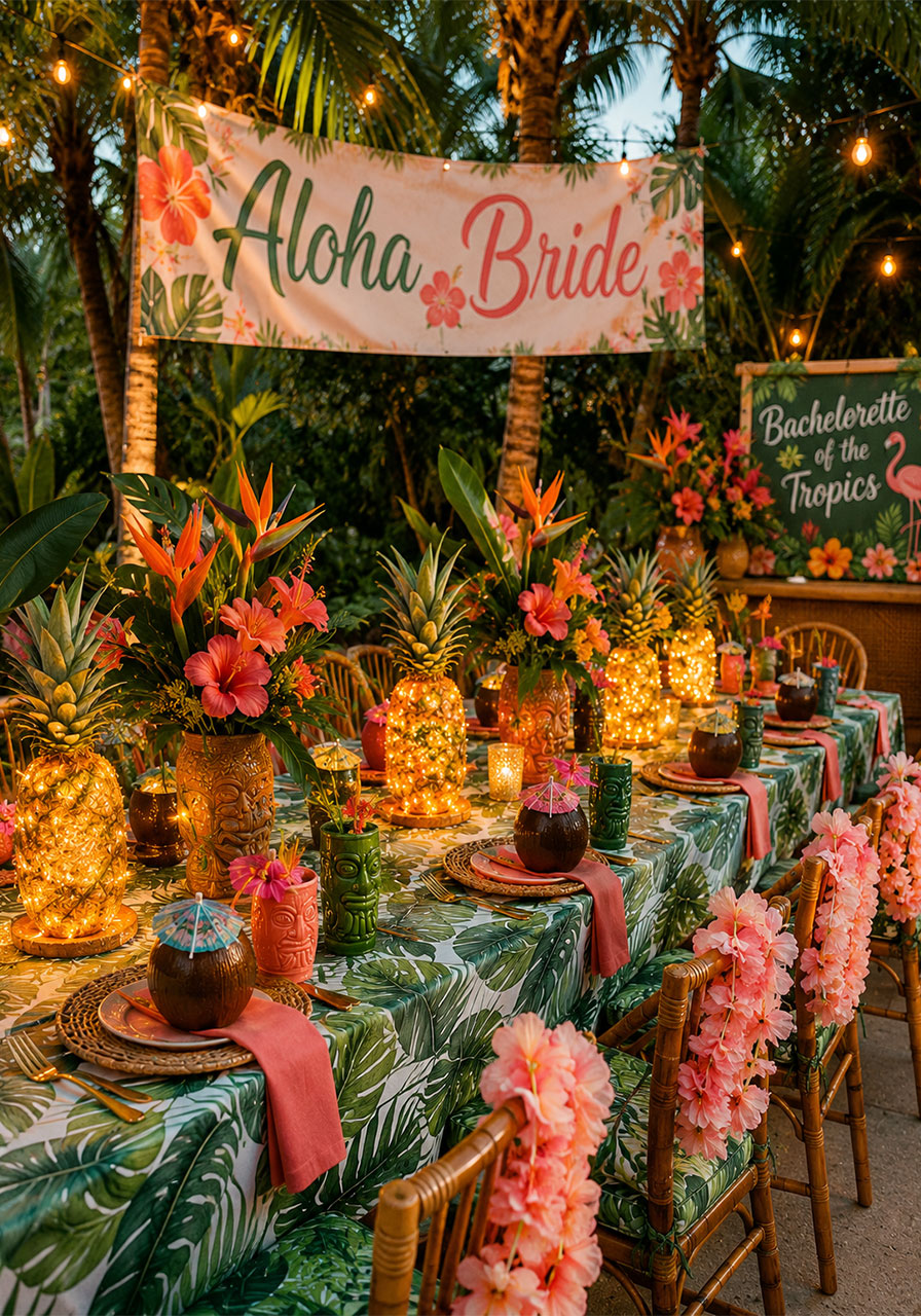 Bachelorette of the Tropics party decorations with pineapple centerpieces, hibiscus flowers, and tiki coconut cups