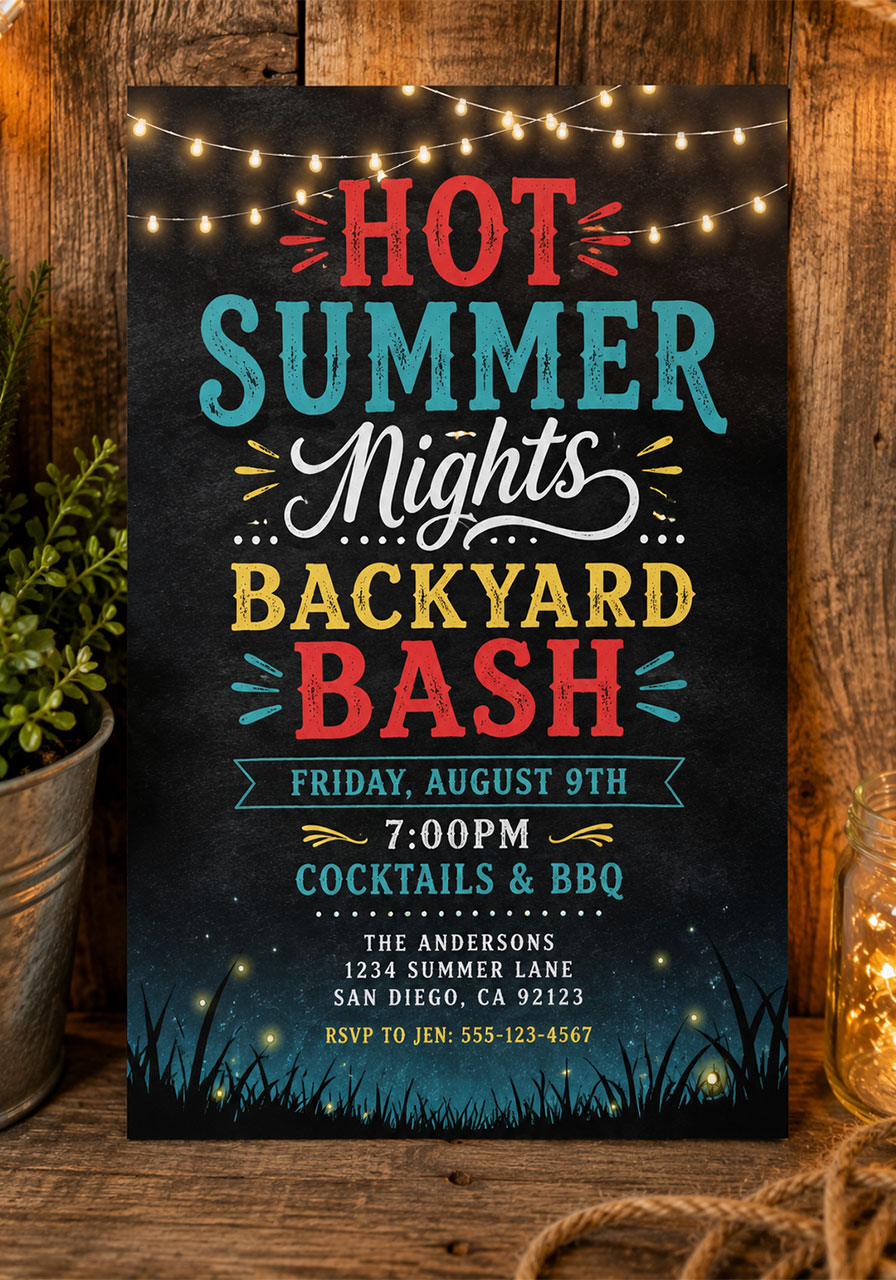 Chalkboard-style hot summer nights backyard bash party invitation with colorful typography and string lights