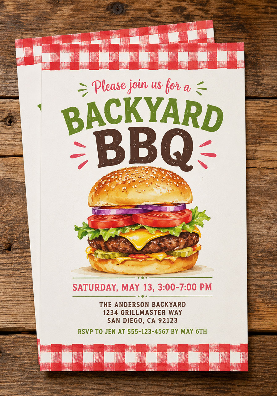 Watercolor burger backyard BBQ party invitation with gingham border for summer cookout