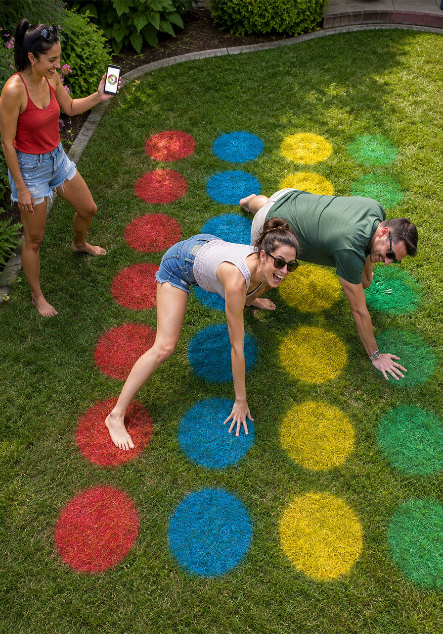 Adults playing oversized backyard Twister spray-painted on grass at summer outdoor party