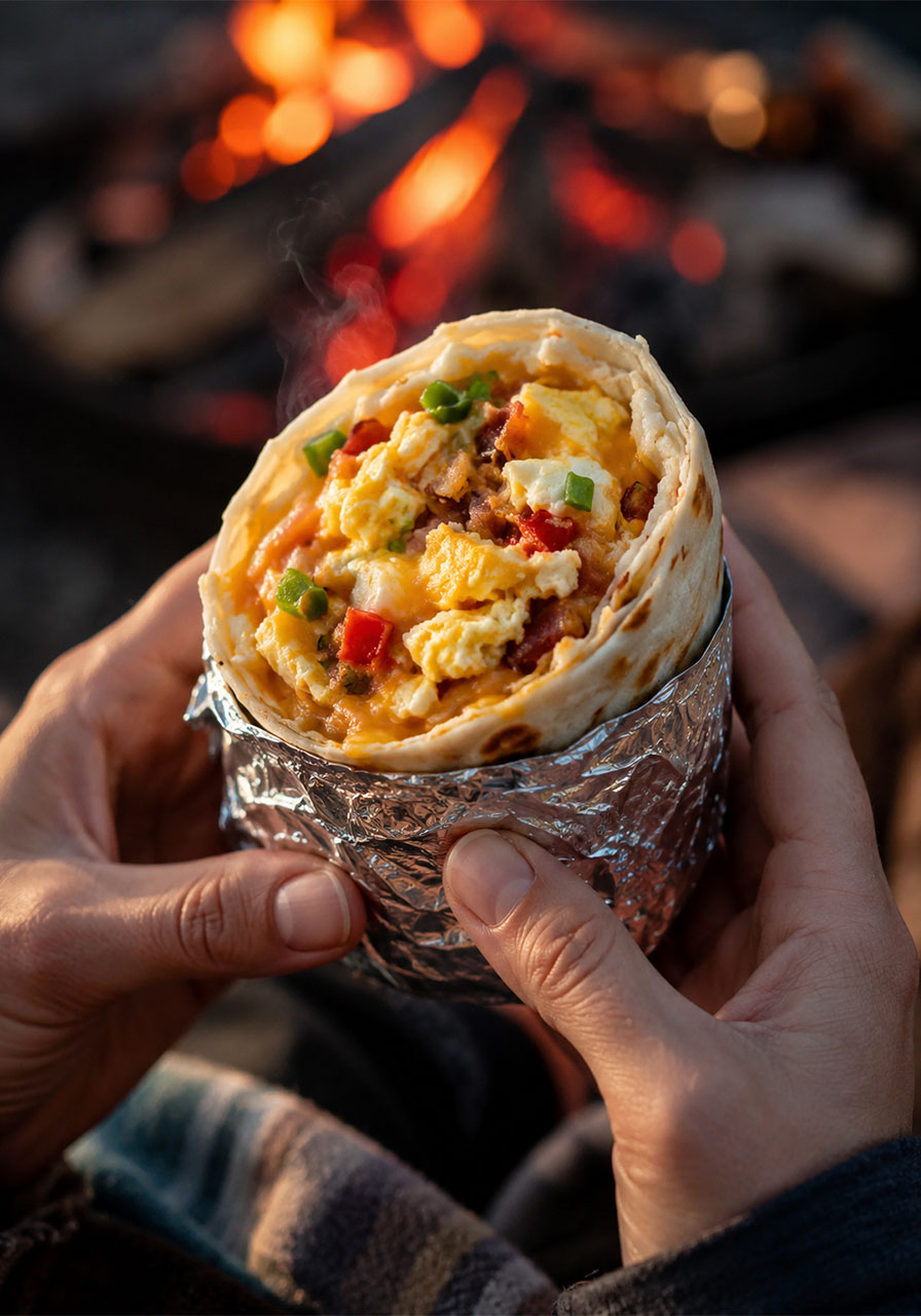 Hands holding a bacon egg and cheese camping breakfast burrito wrapped in foil with campfire in background