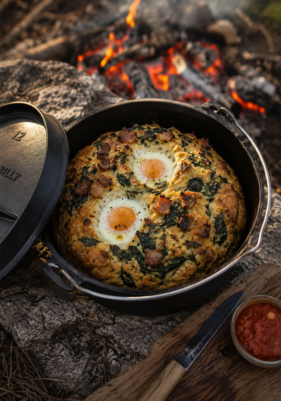 Golden bacon, egg, and spinach damper freshly baked in a cast iron camp oven over campfire coals