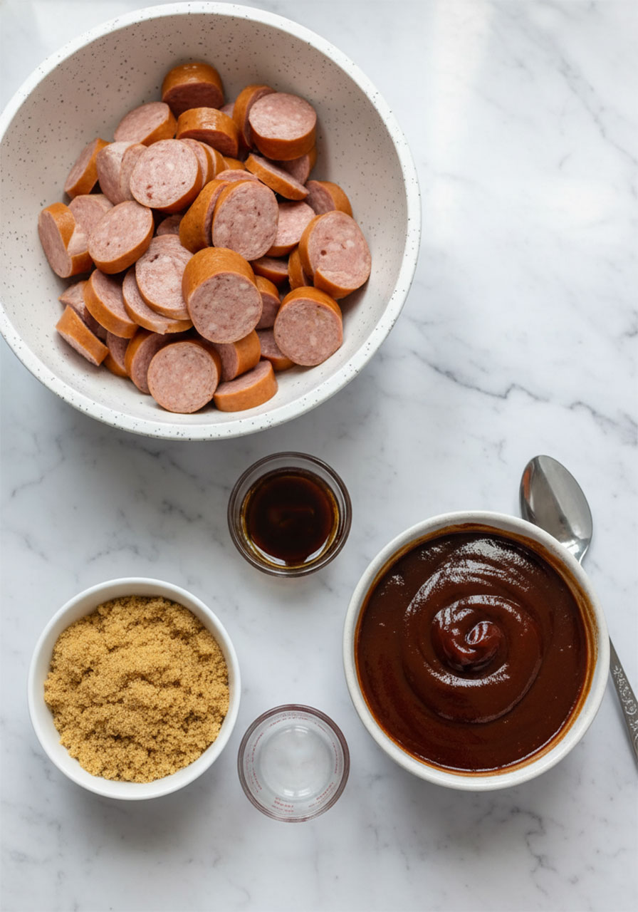 Four ingredients for baked BBQ sausage — kielbasa, BBQ sauce, brown sugar, and liquid smoke on marble counter