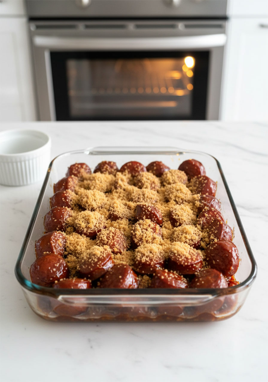 Glass baking dish of BBQ sausage rounds topped with brown sugar ready to go into the oven