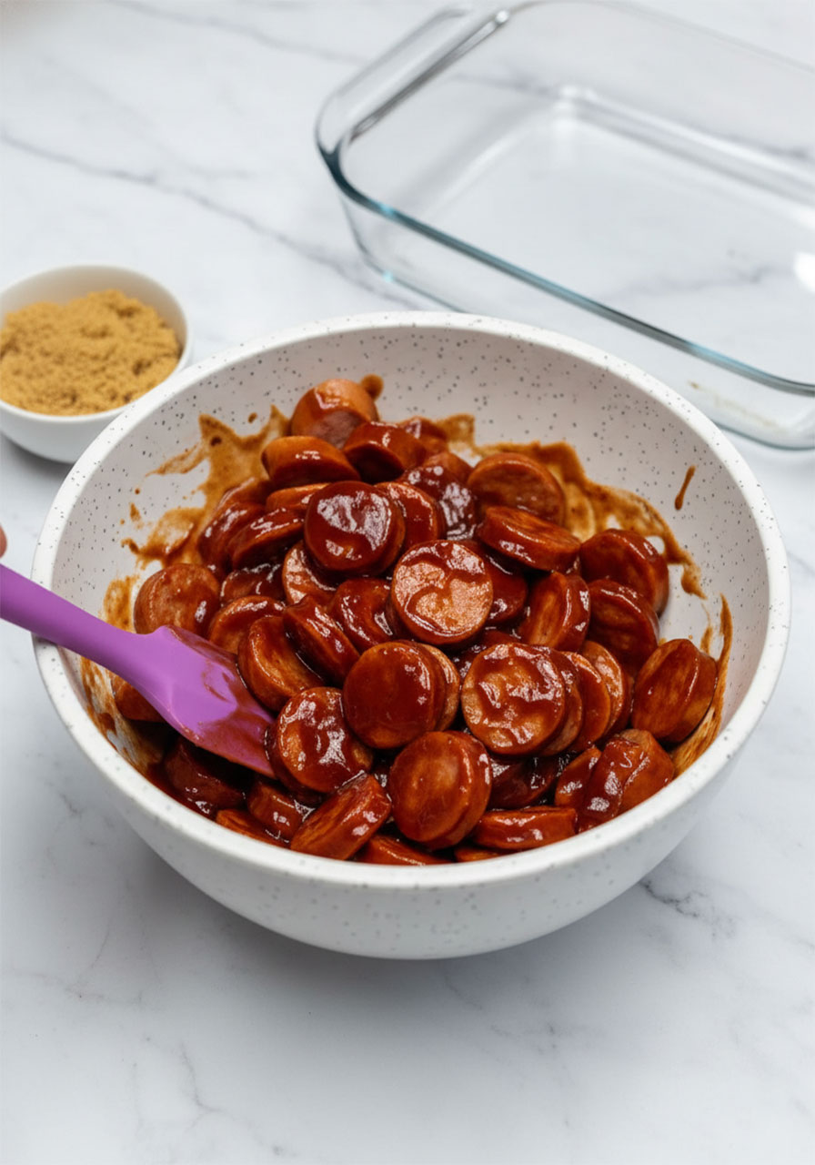 Kielbasa sausage rounds being tossed and coated in thick BBQ sauce in a white mixing bowl