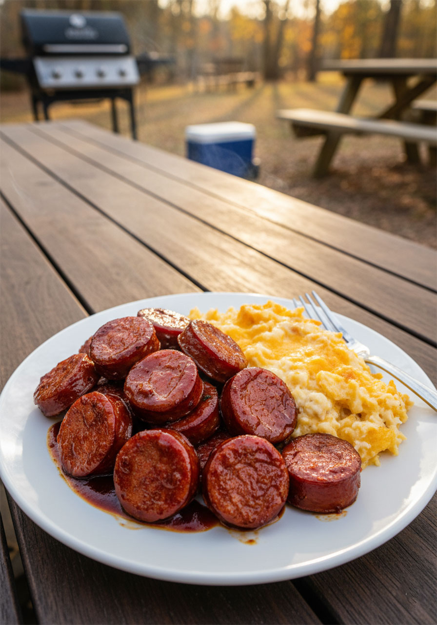 Baked BBQ sausage glazed with sticky caramelized sauce served on a white plate with hashbrown casserole