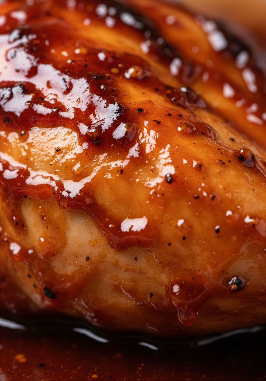 Close-up of thick caramelized BBQ glaze on a perfectly baked chicken breast showing glossy sticky sauce texture